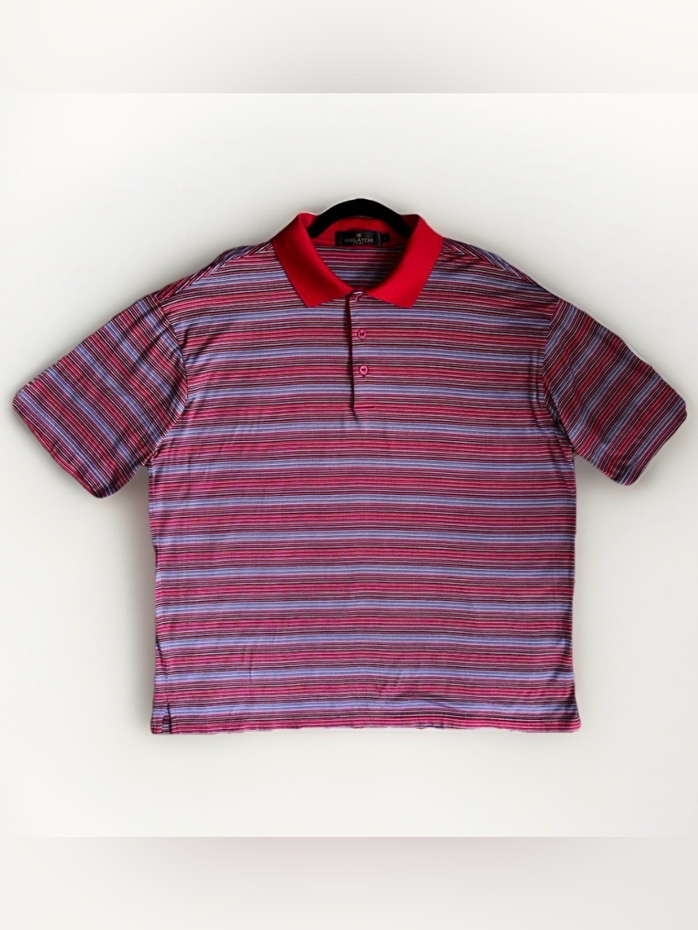 BUGATCHI UOMO Red, Blue and Black Striped Short Sleeve Collared Shirt Size L